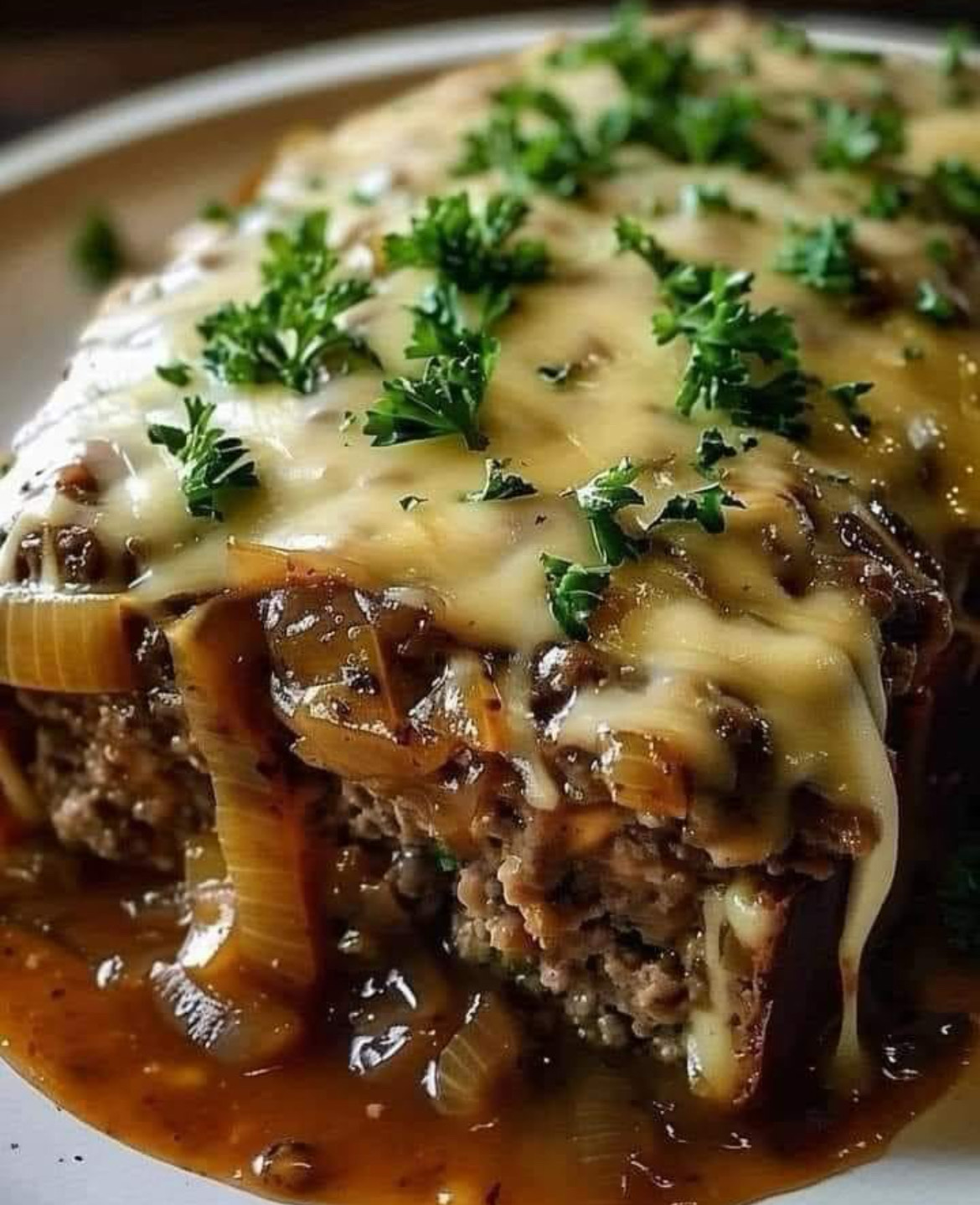 Crockpot French Onion Meatloaf with Melted Swiss