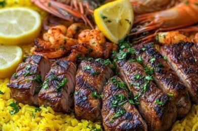 Lamb Chops, Sealed Fish, Lobster and Shrimp with Yellow Rice