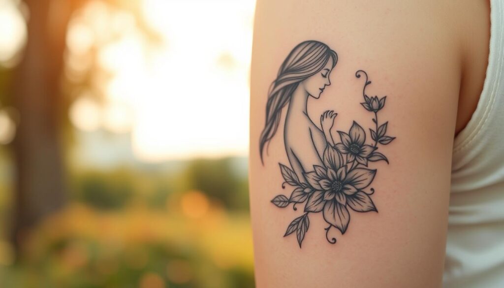 A delicate nature-inspired family tattoo design featuring a mother and daughter, their silhouettes intertwined with intricate floral elements. The foreground showcases the intricate linework of the tattoo, with soft, wispy petals and leaves enveloping the figures. In the middle ground, a blurred natural background evokes a serene, outdoor setting, with a warm, diffused lighting that casts a gentle glow on the tattoo. The overall mood is one of tenderness, connection, and the beauty found in the natural world.