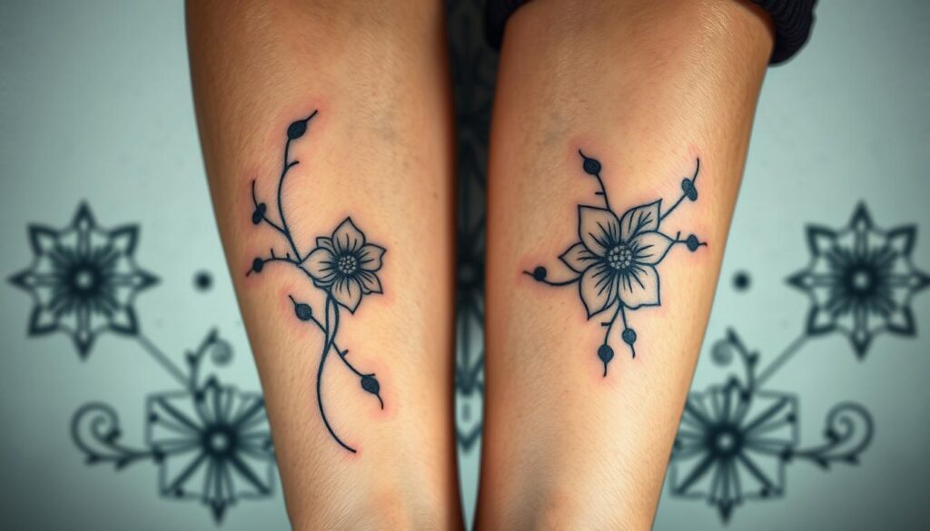 Detailed, intricate matching ink designs in a visually striking, artistic composition. A foreground showcasing two delicate, complementary floral motifs intertwined, lending an organic, flowing quality. The middle ground features abstract, geometric patterns in harmonious hues, creating a sense of balance and symmetry. The background is subtly textured, with soft, ambient lighting illuminating the overall scene. The design elements work in synergy, resulting in a visually captivating and harmonious mother-daughter tattoo concept.